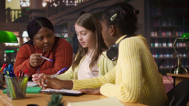 Teacher assisting students in library