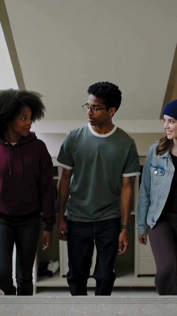 Vertical video: Starting down stairs, three friends walking by school lockers, chatting, glasses