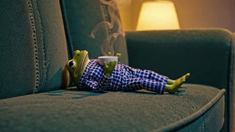 frog relaxing with a coffee cup on a sofa