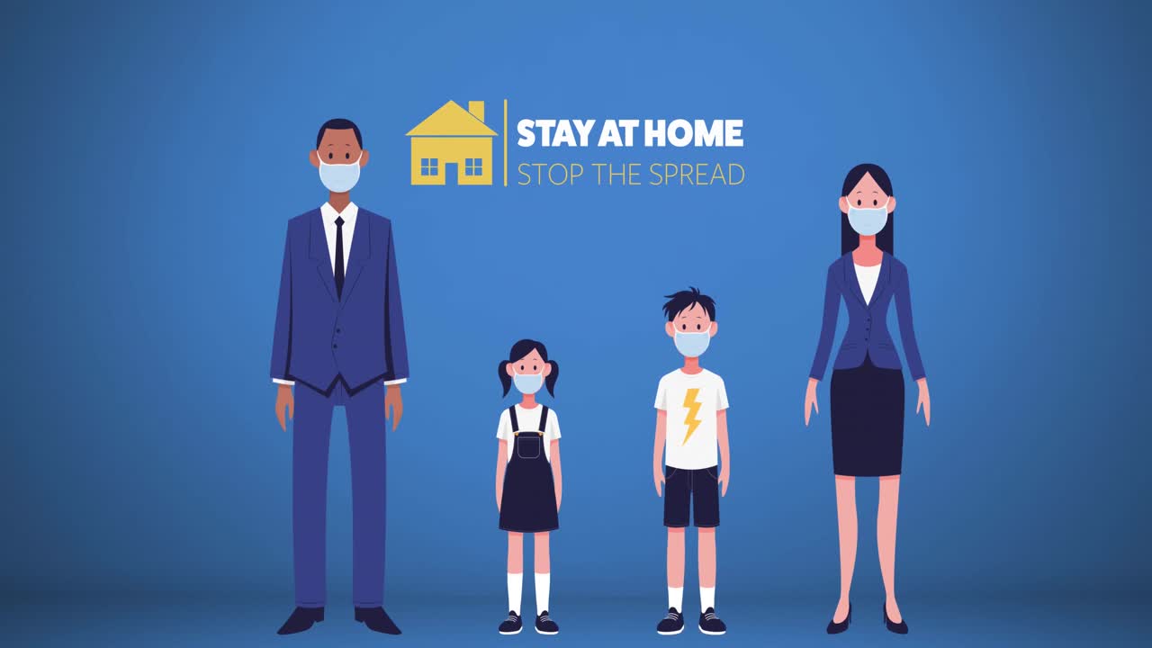 마스크를 착용한 가족과 함께 집에서 격리하십시오 코로나바이러스.