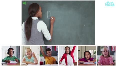 Animation-of-video-call-screens-of-chalkboard-and-diverse-teacher-and-children-having-online-lesson