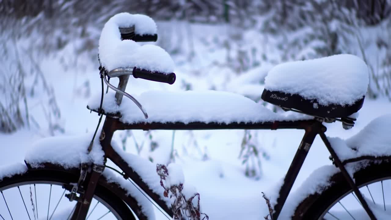 A bicycle sits quietly in a snow-covered landscape, its seat and handlebars blanketed with snow. The serene surroundings evoke a peaceful winter atmosphere in a secluded area.