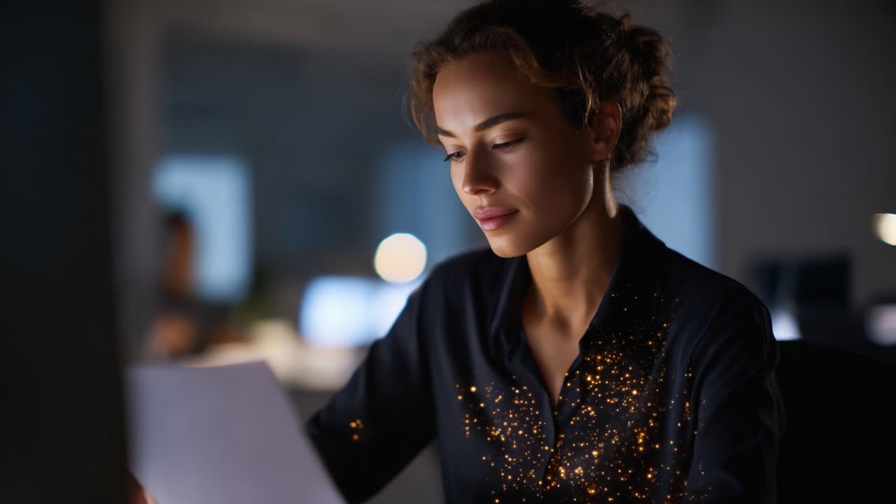 A focused woman reviewing documents by computer in a dimly lit office, with a warm glow surrounding her, showcasing concentration and creativity at work