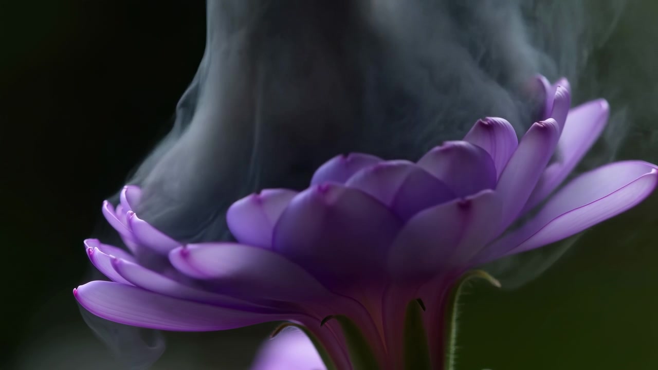 Primo piano di un fiore viola con petali a strati sul lato destro, ambientato su uno sfondo verde scuro leggermente sfocato e illuminato da una delicata luce naturale