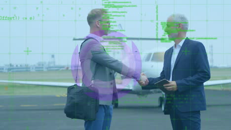 abstract shape and data processing over two caucasian businessmen shaking hands at airport runway