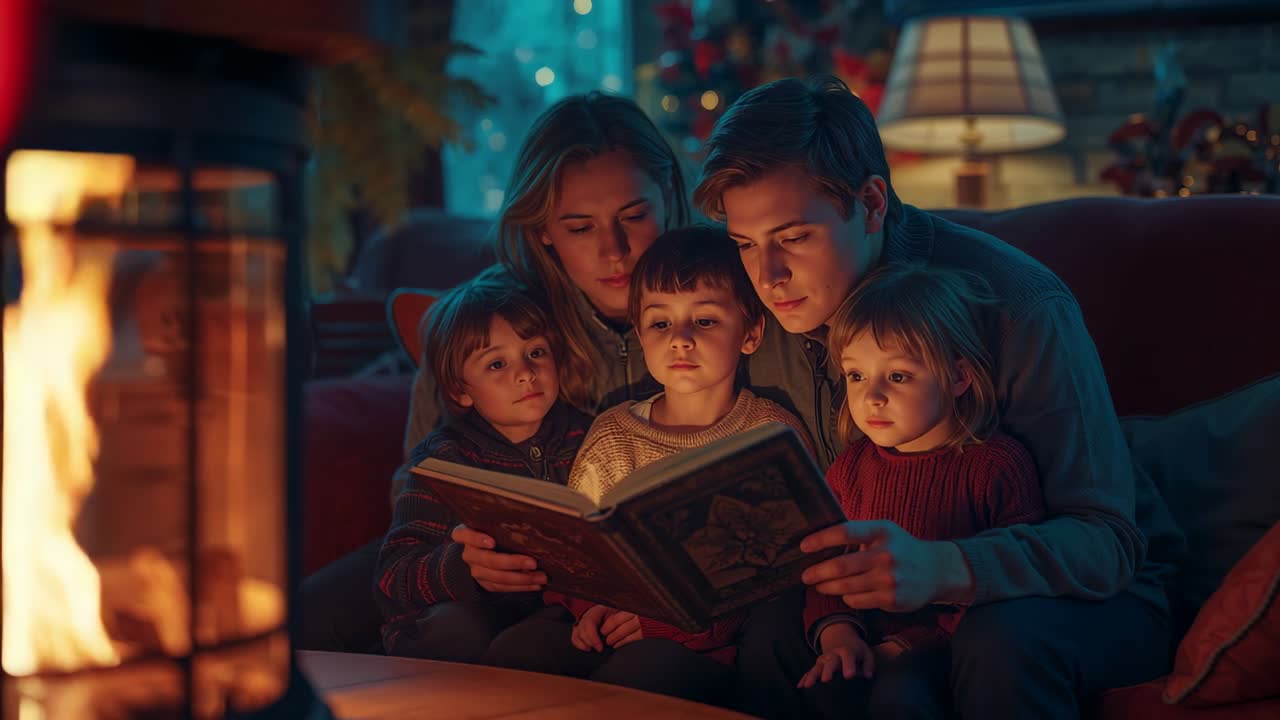 Opening storyteller father reading aloud and bonding family on home sofa, with fireplace glow