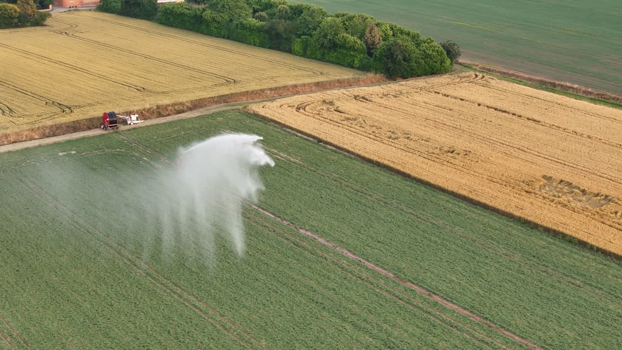Agricultural irrigation equipment waters soybean crops in Po Valley, Italy, during spring, providing essential hydration for healthy growth, drone slow motion pan