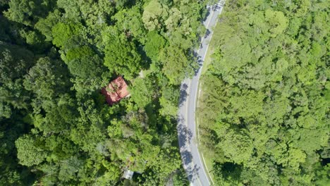 Drone-aerial-footage-of-empty-curvy-road-in-the-middle-of-the-rainforest-in-Guatemala,-Central-America