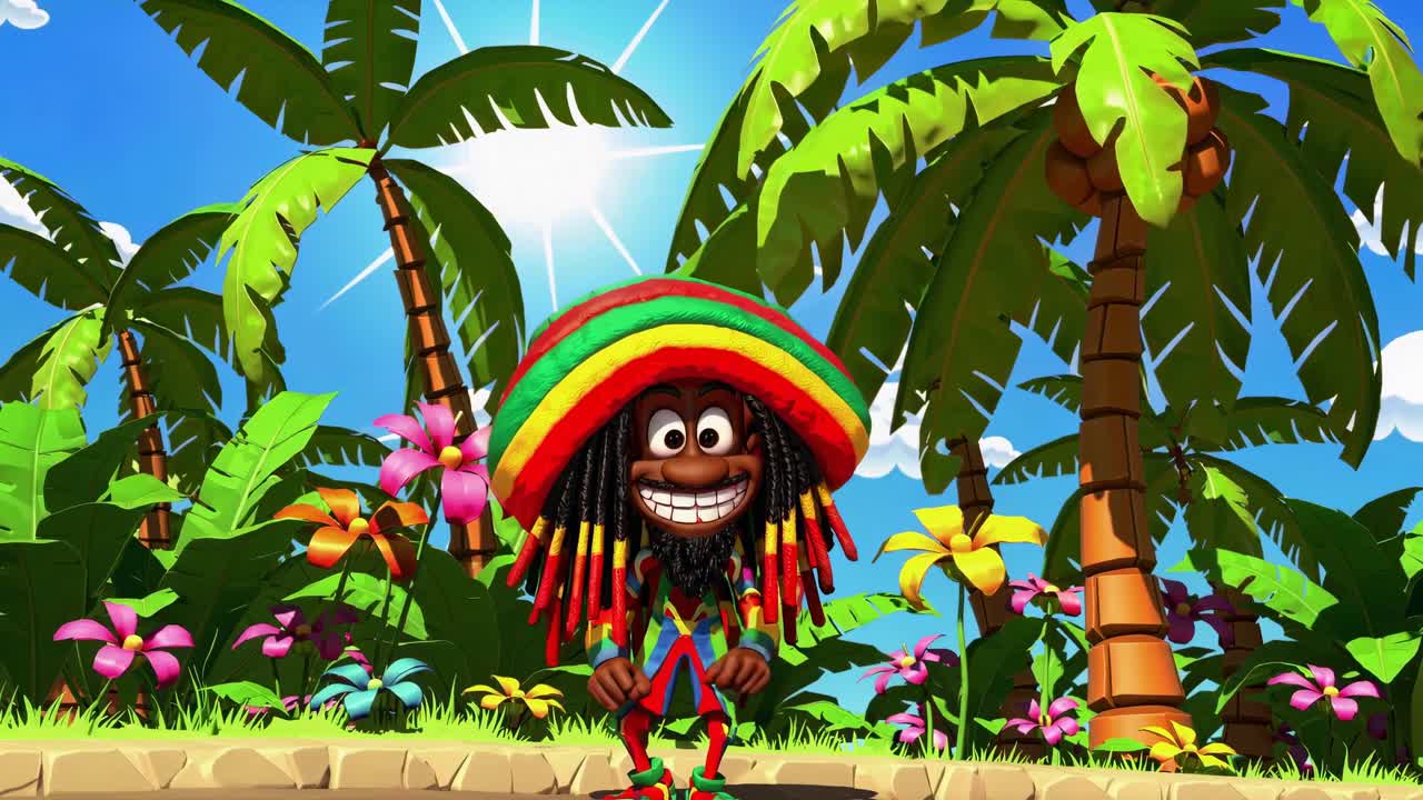 personaje jamaicano de dibujos animados en el paraíso tropical