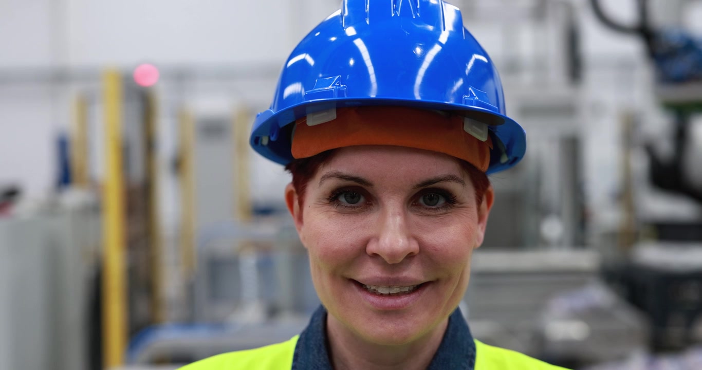 Female Factory Worker Wearing Blue Hard Hat and Safety Vest