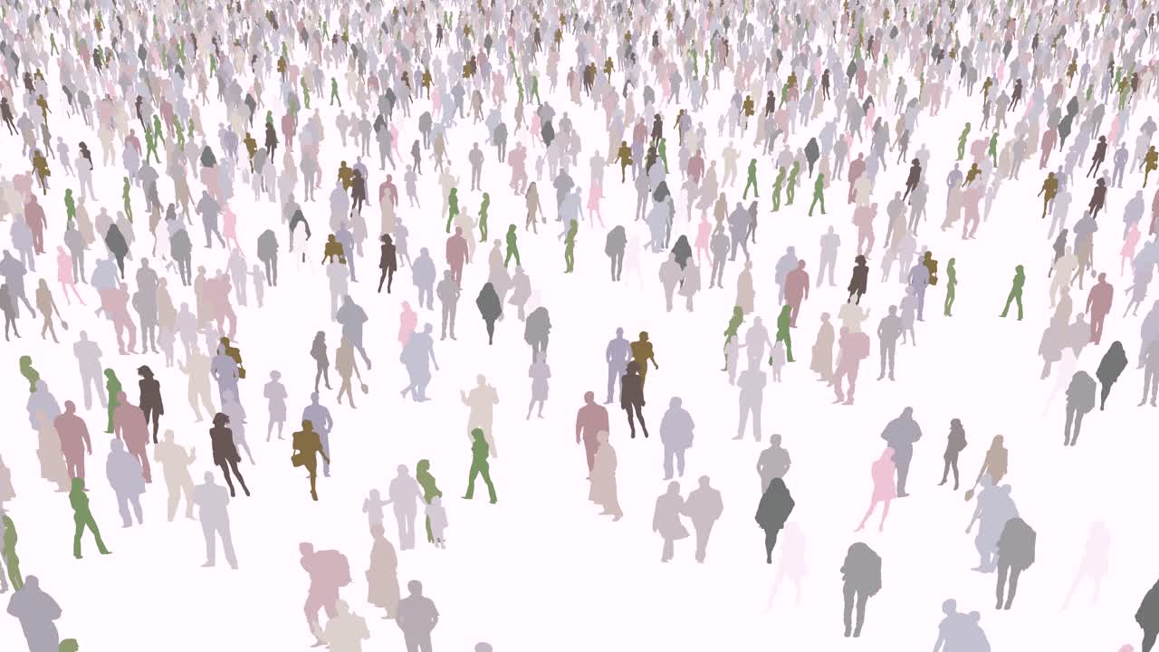 대중 군중 속으로 이동하는 패닝 카메라는 멀리 있는 안개 속으로 사라지고 흰색 격리된 배경에서 수평선 수준을 보고 이동합니다.