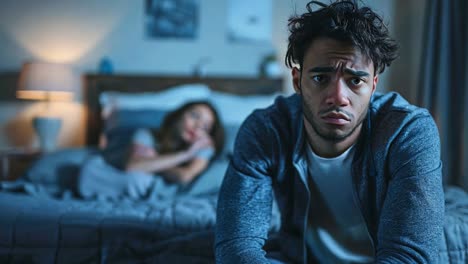 man struggling with insomnia while partner sleeps peacefully