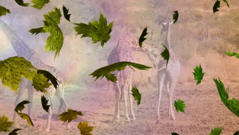 animation of green leaves falling over giraffes in landscape