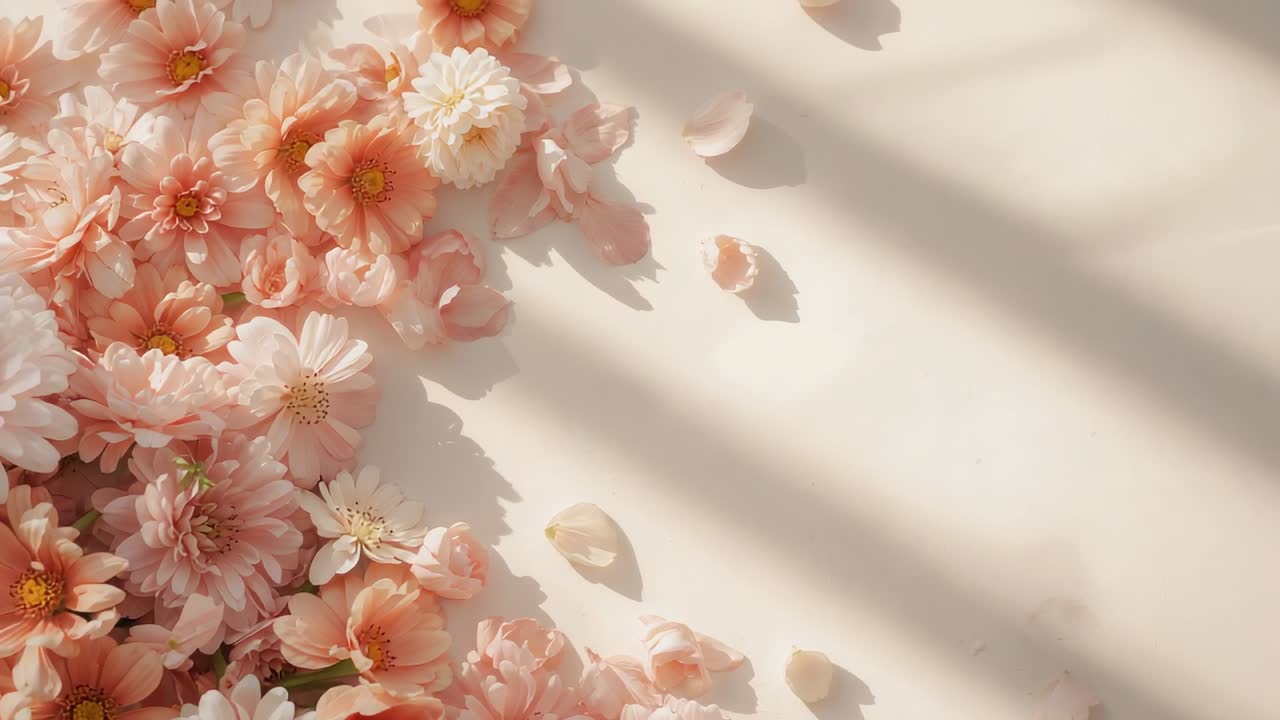 Fiori di pesco in movimento che scivolano su un tavolo color crema, ombre cieche che si spostano, petali che scorrono, spazio per il testo