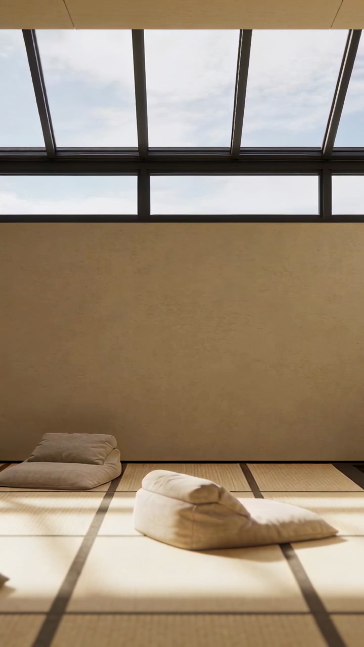 Vertical video: Camera moving down showing cushions on tatami in meditation room, skylight shifting