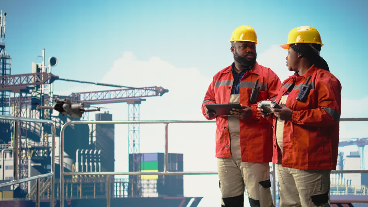 Vertical video Drilling rig engineering team using drone to access dangerous areas