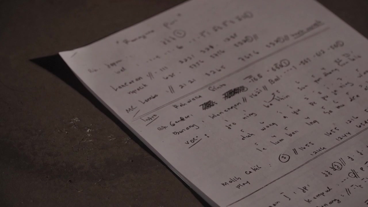 Top-down static shot of a handwritten notebook page or script or lyric resting on a wooden desk