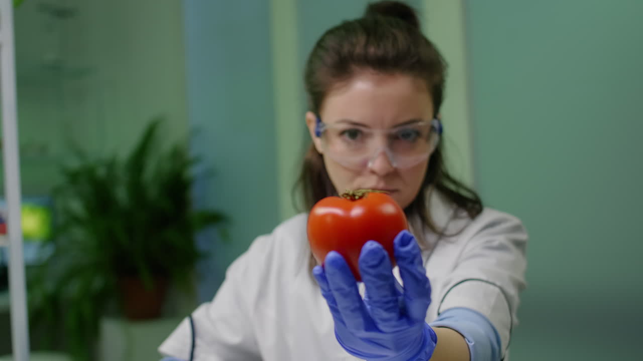 Front view of biologist reseacher woman analyzing pepper injected with chemical dna