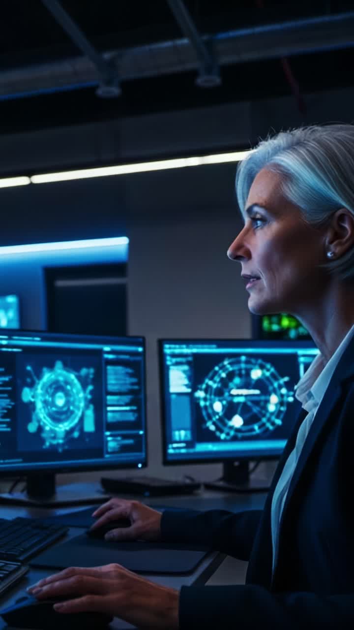 Focused Professional Analyzing Data on Multiple Monitors in a High-Tech Environment with Advanced Visualization Software and Complex Graphs Displayed