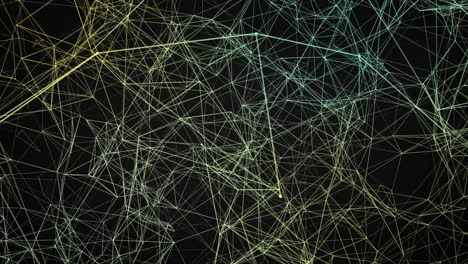 animation of an infinite network of nodes and particles in black and yellow, moving over black background in grid format