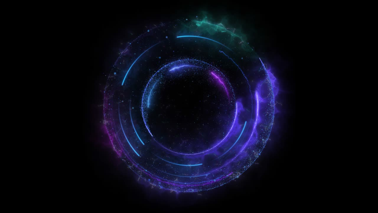 bucle sin costuras. animación de un portal redondo geométrico azul formado por partículas y senderos de energía aislados en fondo negro con matte alfa luma