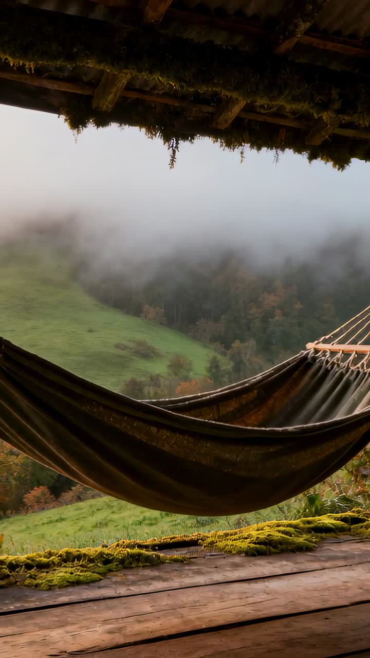 Amaca vuota che dondola su un portico con vista su un paesaggio montano nebbioso