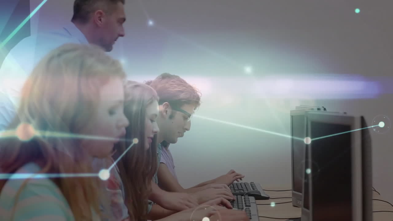 conexiones de red y animación del flujo de datos sobre estudiantes que trabajan en computadoras