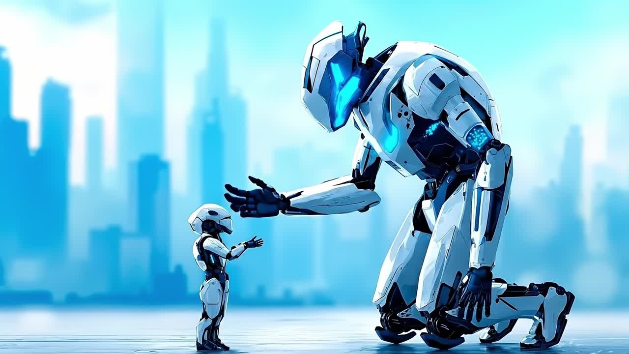 A man and a robot standing next to each other in front of a city