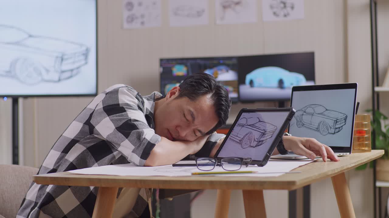 tv와 컴퓨터 디스플레이 3d 전기 자동차 모델을 가진 스튜디오에서 태블릿에서 새로운 자동차 디자인 컨셉을 그리는 동안 잠을 자는 아시아 남성의 측면 뷰
