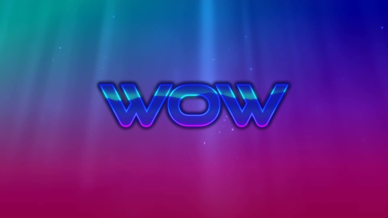 Animazione di testo digitale "wow" su sfondo blu e viola.