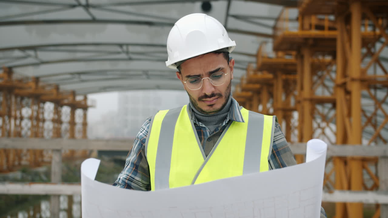 Construction Engineer Reviewing Plans on a Bridge Construction Site