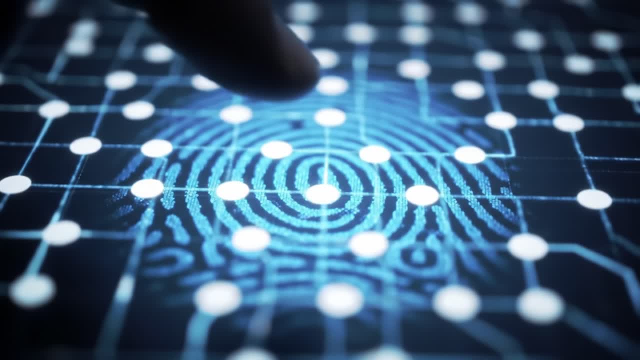 Exploring the Intricate Details of a Digital Fingerprint Overlayed on a High-Tech Grid, Emphasizing Security and Identity Protection in the Digital Age