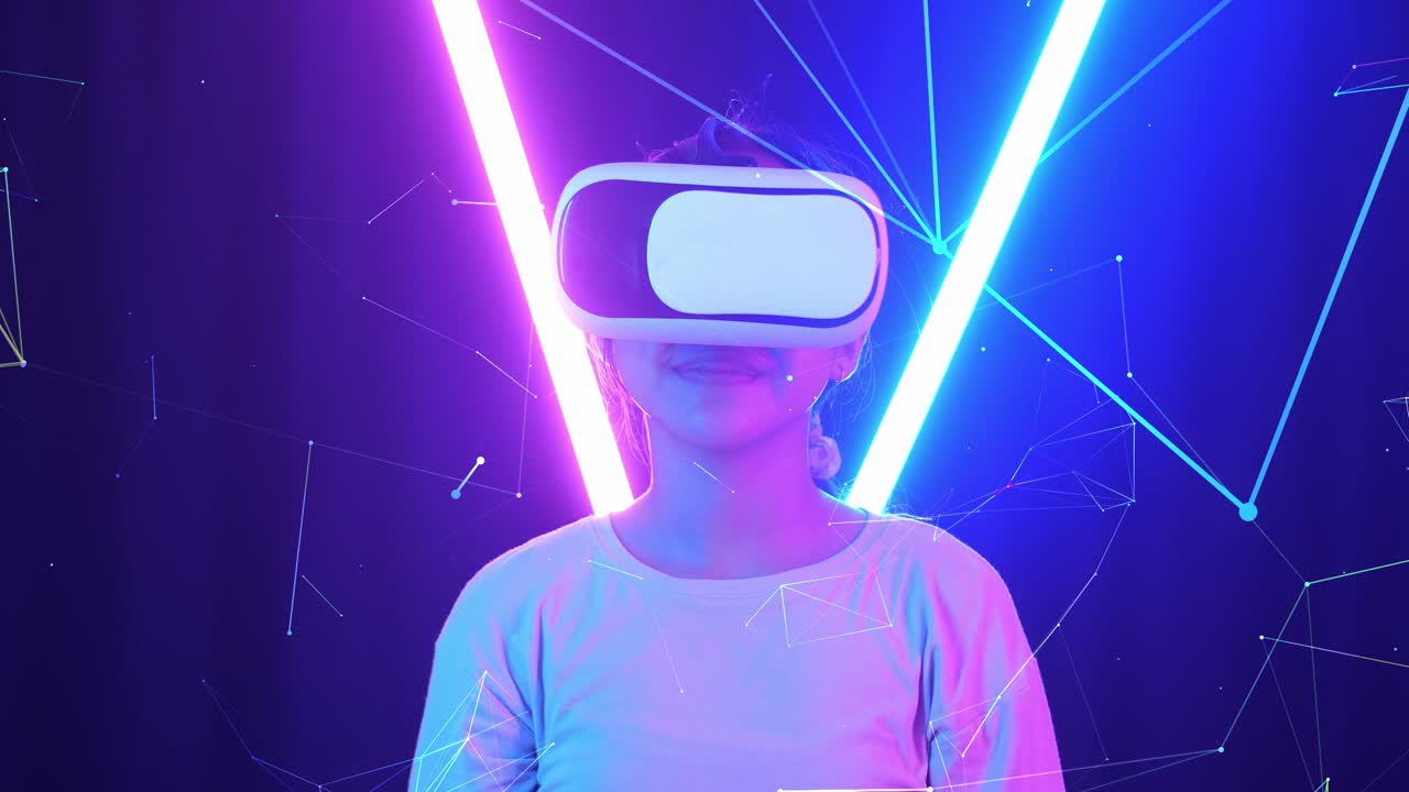 Vr, Futuristic, Entertainment Concept. Excited Asian Young Girl Using Virtual Reality Headset And Touching With Neon Light At The Background