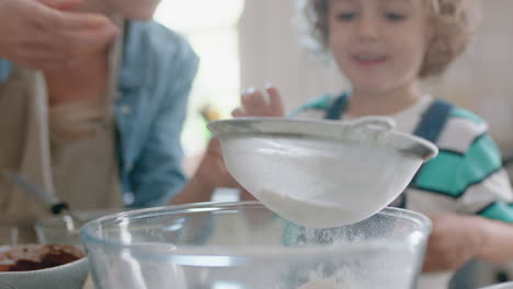 little boy helping mother bake in kitchen mixing ingredients sifting flour using sieve preparing recipe for cupcakes at home