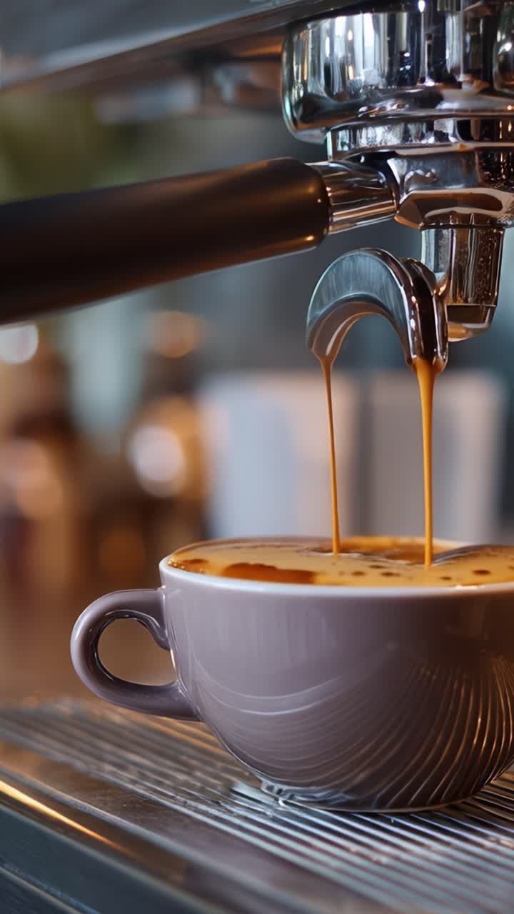 Infuso Aromatico: Affascinante processo di estrazione dell'espresso mostrato in due splendide inquadrature, mentre un ricco espresso scorre in una bellissima tazza di ceramica.