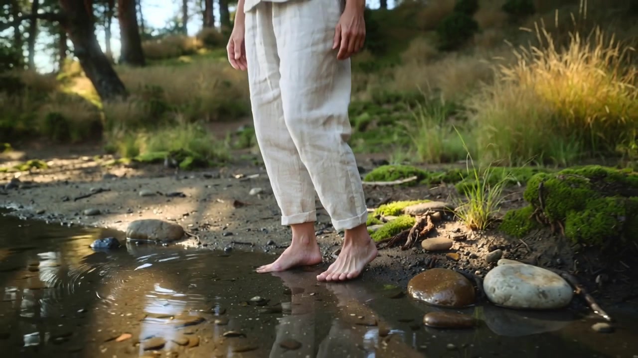 Lifting right foot, barefoot adult pressing toes into pond edge in forest, with rolled cuffs
