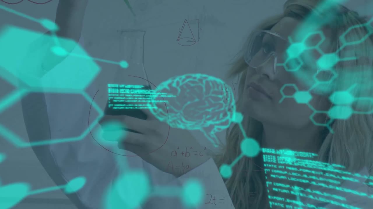animación de datos científicos sobre una trabajadora de laboratorio caucásica enfocada