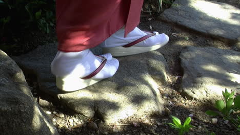 the feet of japanese women wearing tabi socks and geta sandals walk on stepping stones in a japanese garden