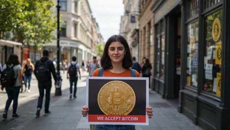 a young woman holding a bitcoin sign promotes cryptocurrency acceptance in a busy urban street environment, encouraging the adoption of digital currency