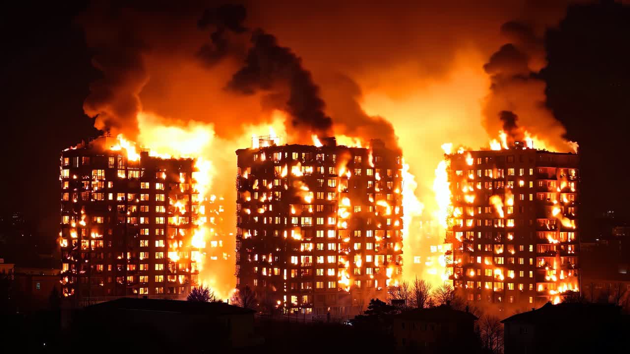 큰 화재가 밤에 주거 건물에서 불타고 있습니다.