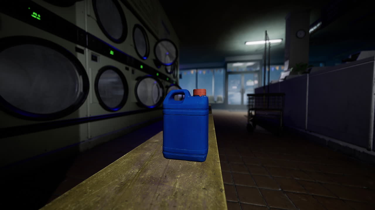 Blue container placed on a table in a dimly lit laundromat setting