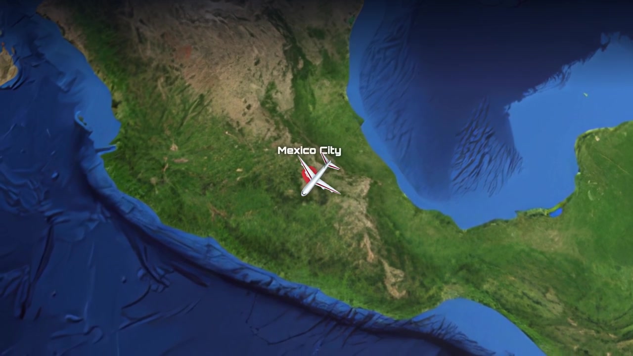 Commercial airplane flies across the Atlantic Ocean from London to Mexico City on world map