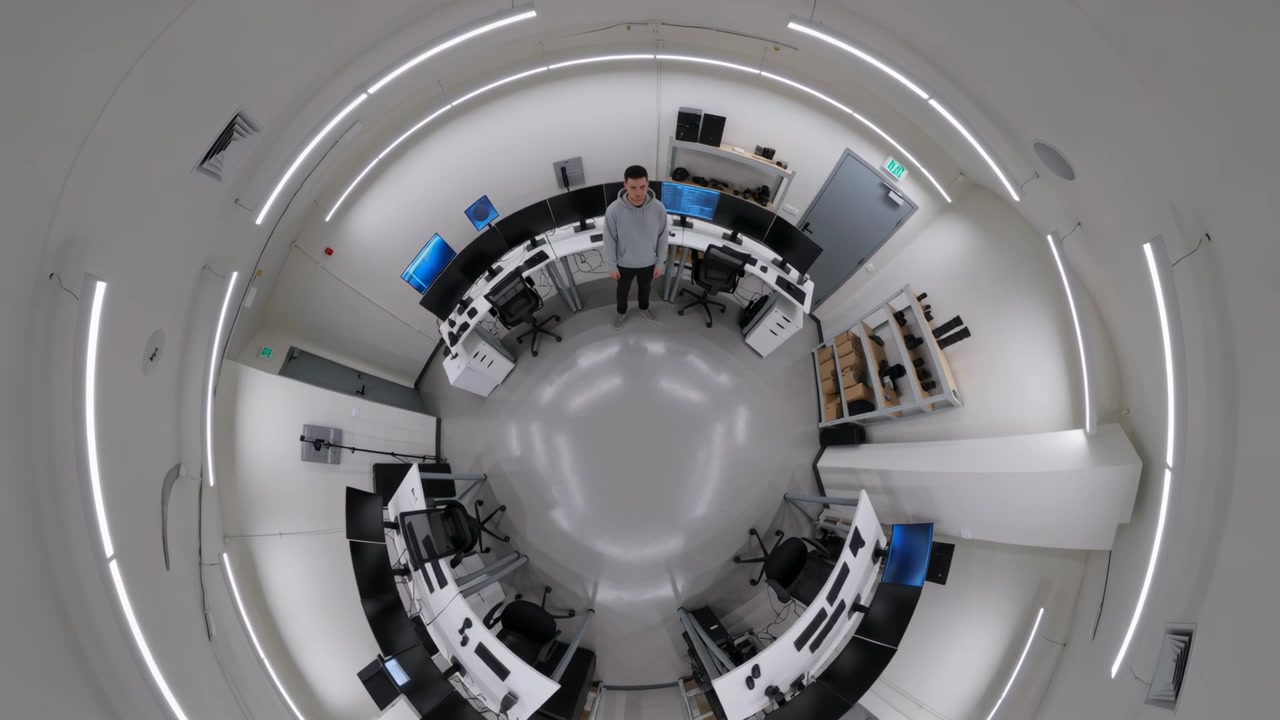 Uomo in piedi con felpa grigia di fronte all'obiettivo mentre la telecamera ruota, centrando l'uomo in un laboratorio circolare con scrivanie.