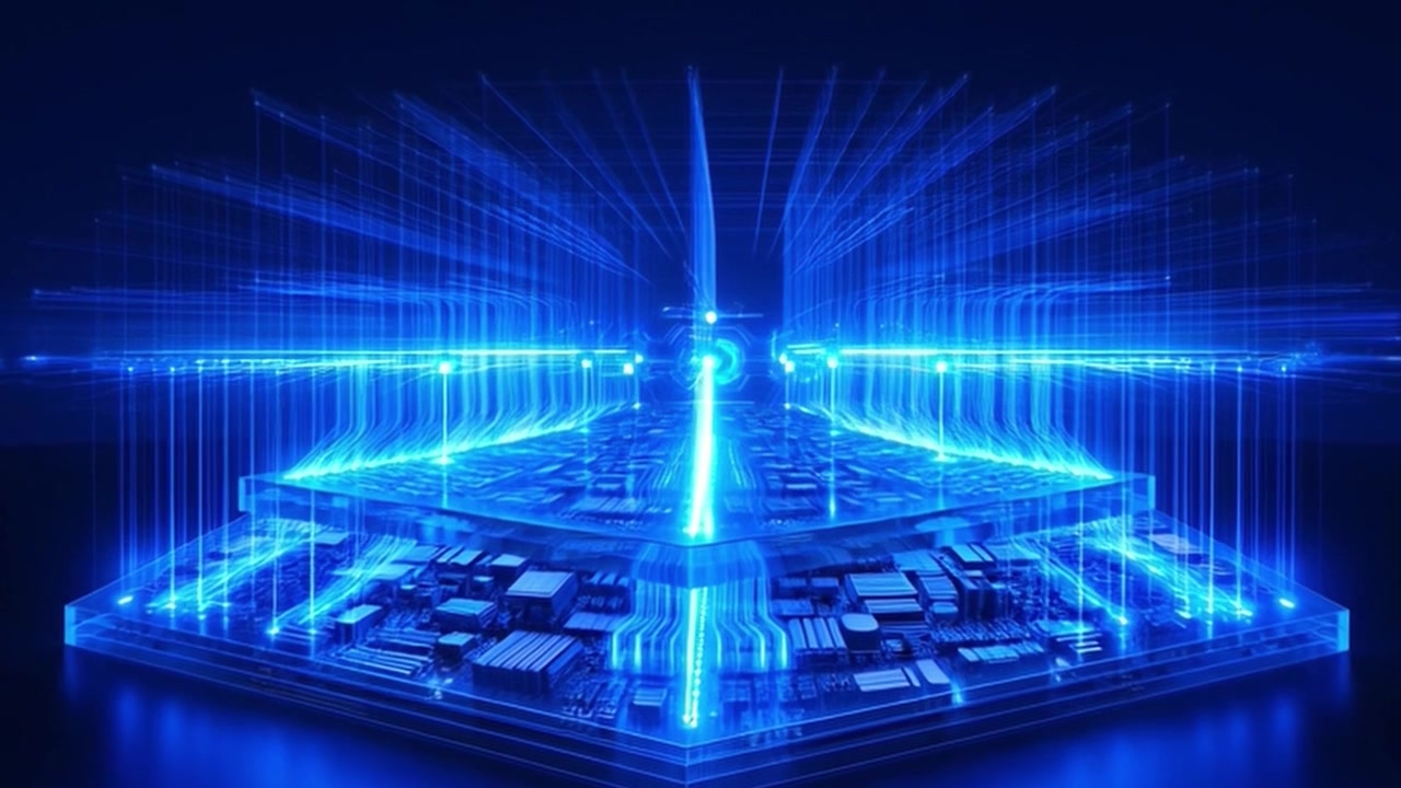 Futuristic Digital Microchip Processing Data with Glowing Blue Light Effects