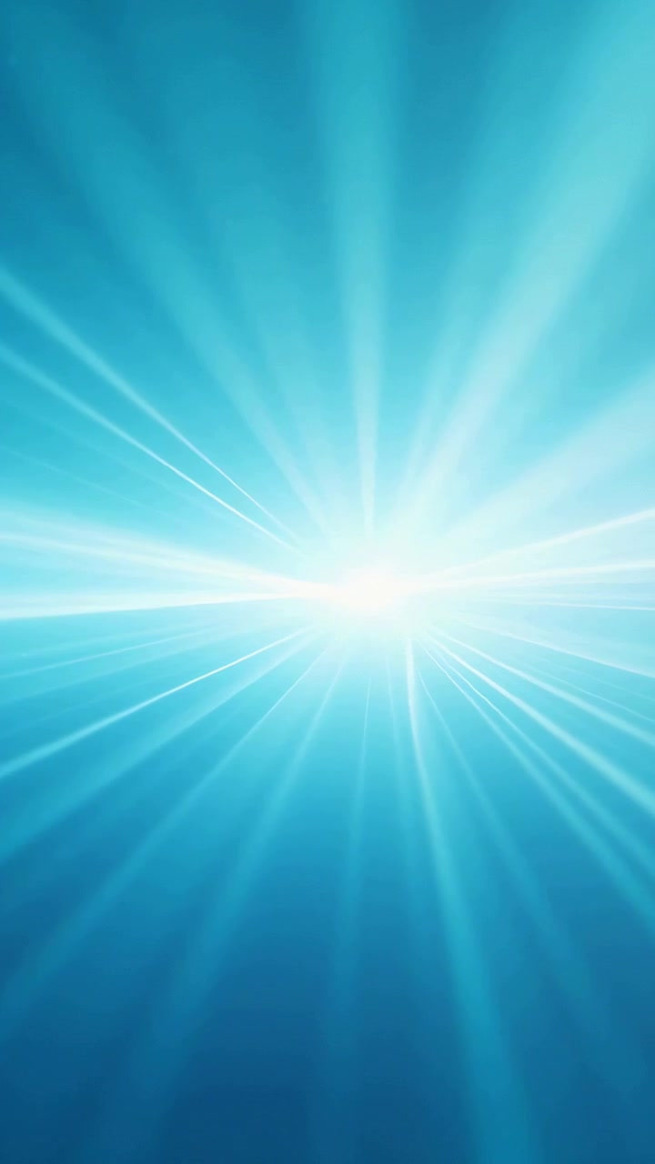 Vertical video: Brightening center light casting radial beams across cyan gradient, expanding glow