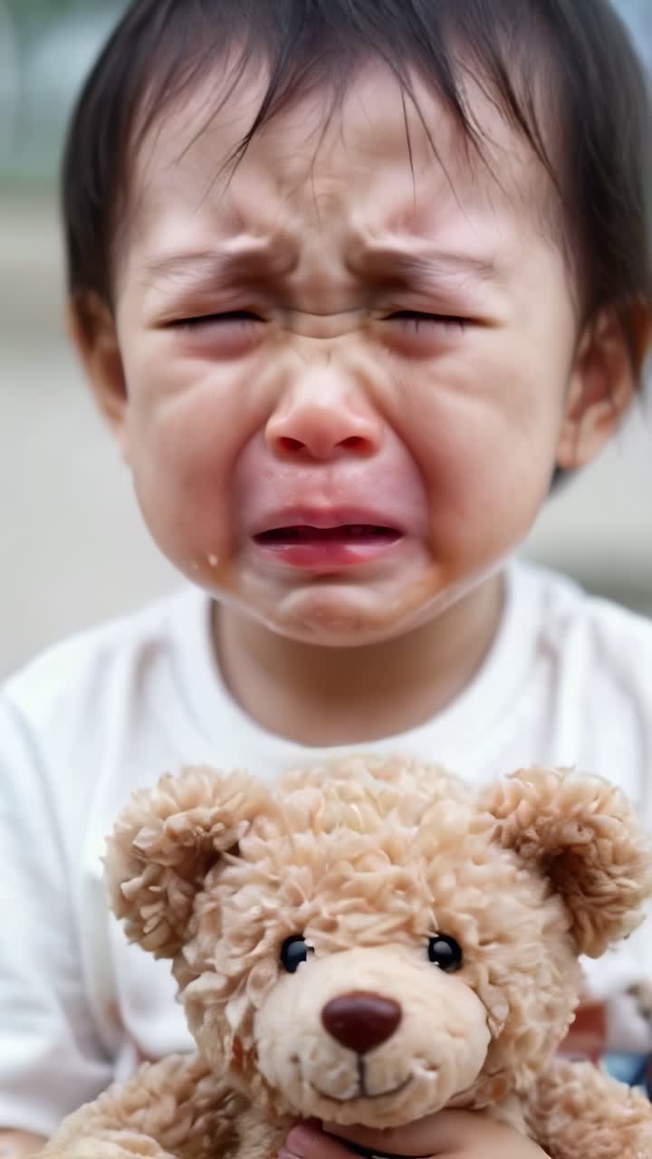 A young child is holding a teddy bear while crying