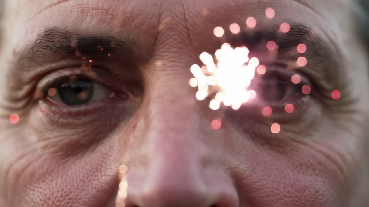 Close-up Portrait of an Individual with Fascinating Eyes, Capturing Emotion and Intrigue in a Moment of Reflection Amidst a Mesmerizing Background of Sparkling Lights