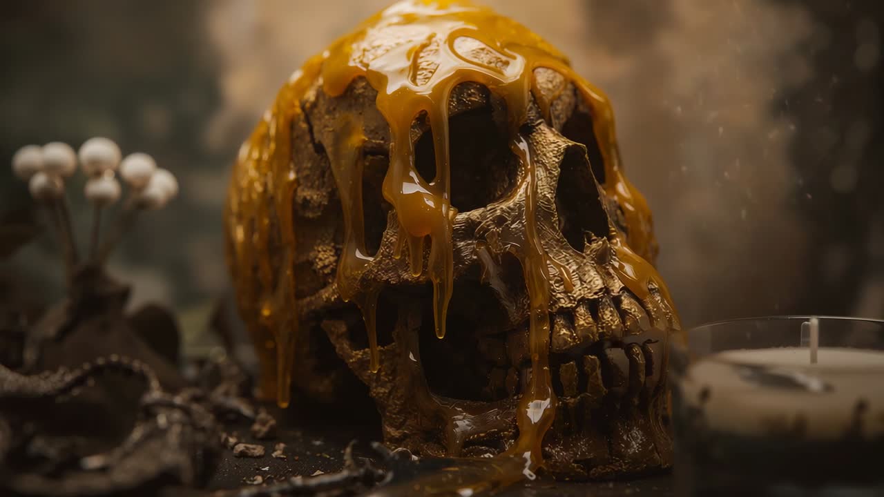 Dripping molten amber wax from glass candle covering skull replica on ritual table with dried stems
