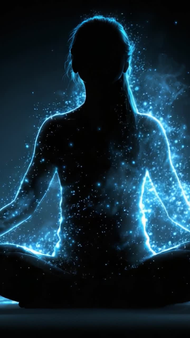 Una silhouette meditativa infusa di energia cosmica, che mette in risalto il bellissimo contrasto di luce e ombra in un ambiente mistico.