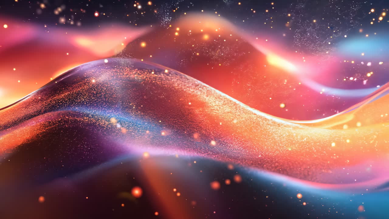 A colorful, abstract painting of a wave with a lot of glitter. The painting is full of bright colors and has a dreamy, whimsical feel to it